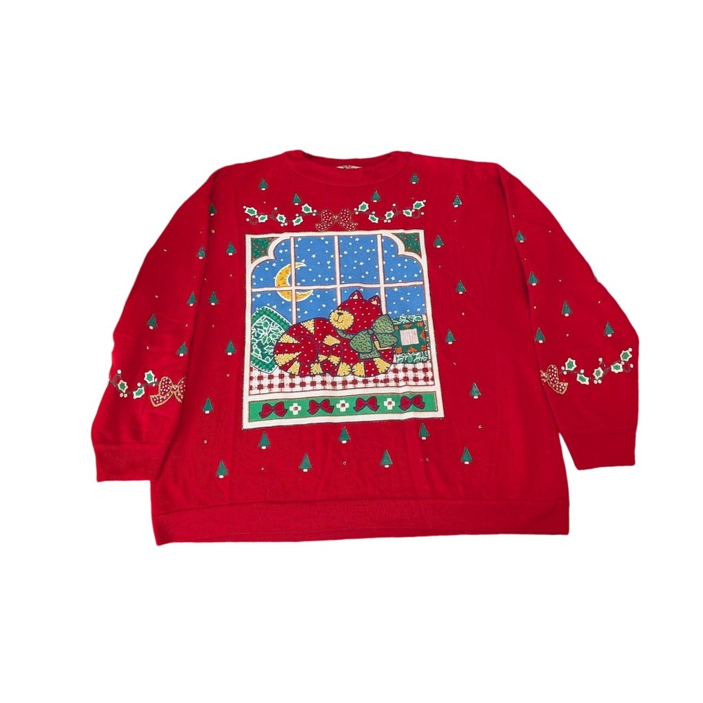 Vintage NutCracker Christmas Cat Window Sweatshirt Red Glitter Whimsical XL